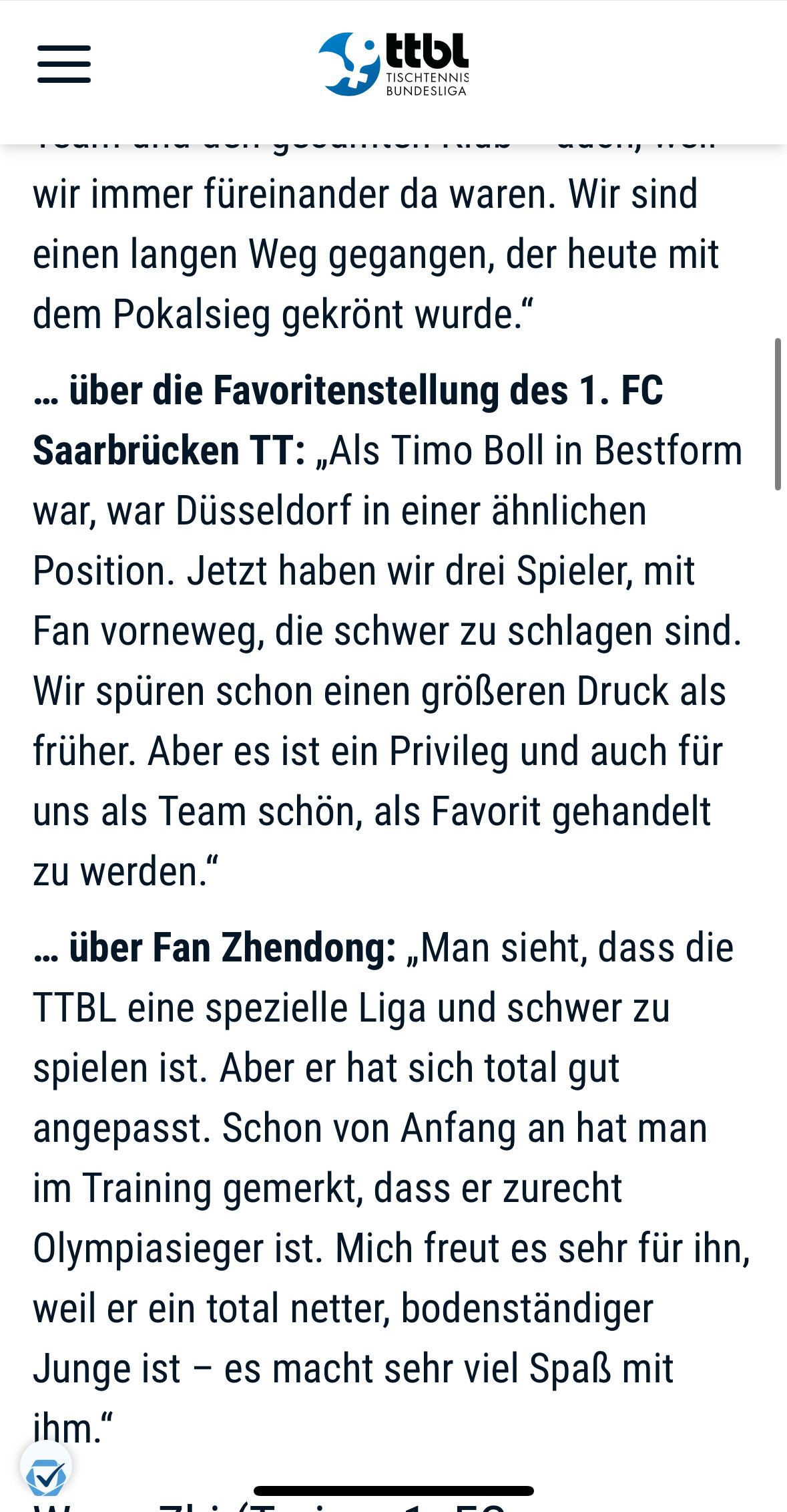 小弗说樊振东不愧是奥运冠军据TTBL报道，德国杯四强赛各方的赛后采访：弗朗西斯卡