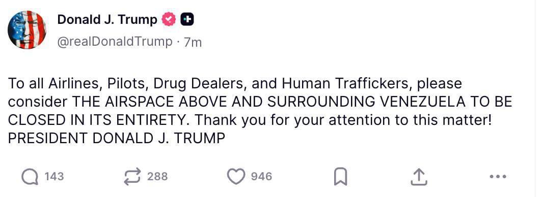 🤔特朗普宣布关闭委内瑞拉的领空“请所有航空公司、飞行员、毒贩和人口贩子注意，