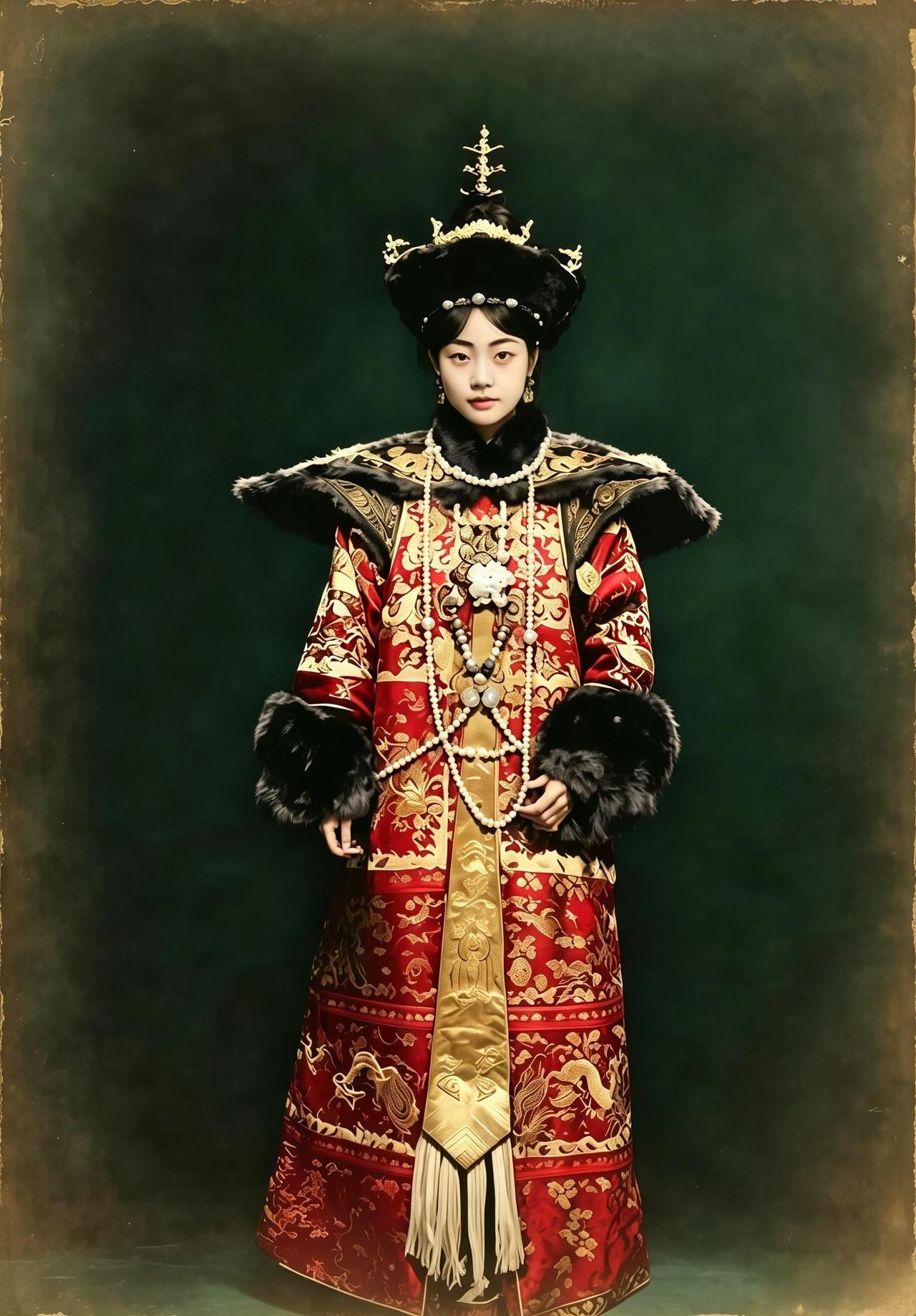 这是十六岁的婉容头戴三层金凤朝冠，珠光宝气压得人几乎睁不开眼。她身穿大红色朝服，