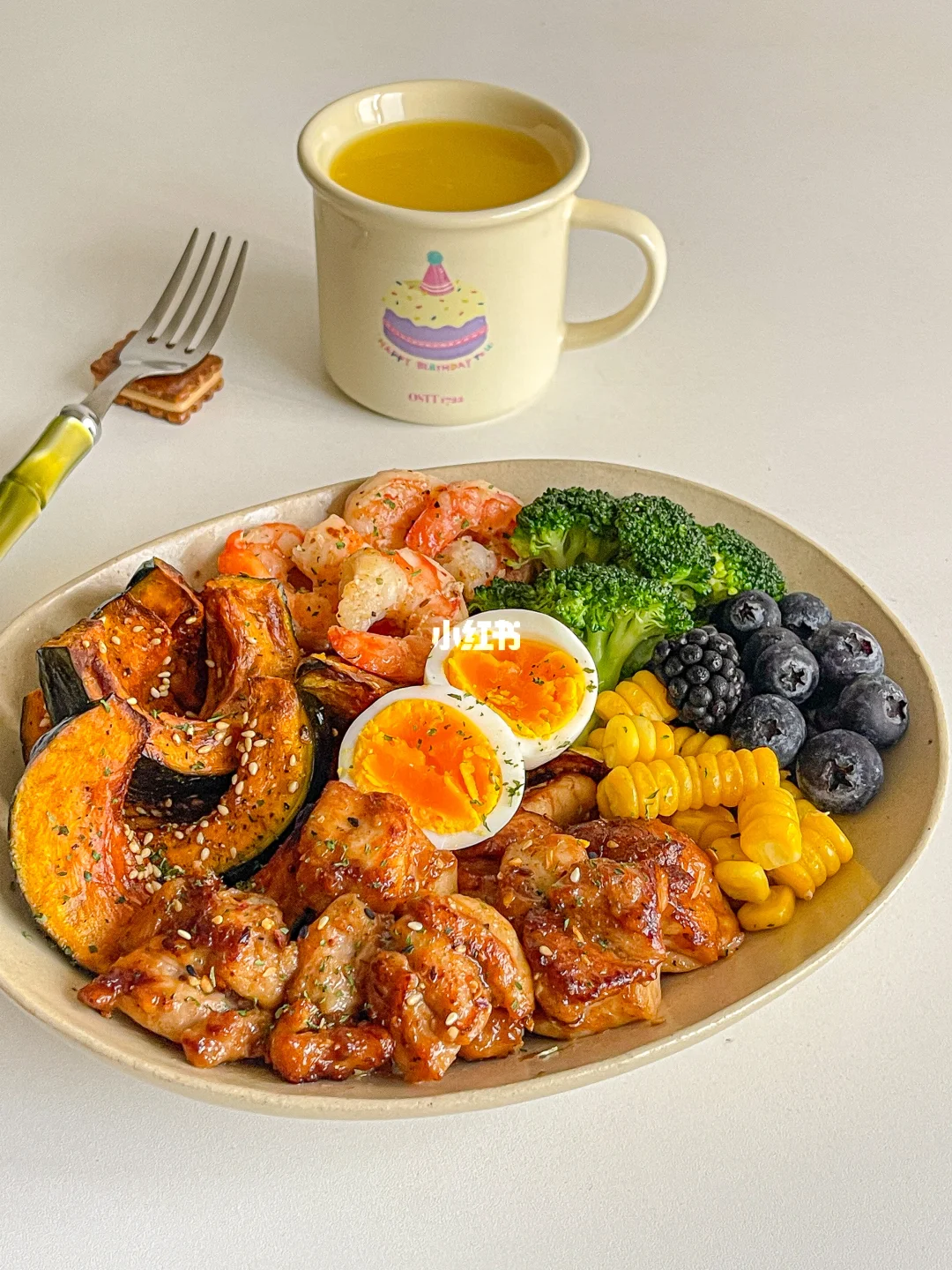 秋日早午餐🥣贝贝南瓜虾仁鸡腿肉拼盘🍳橙汁