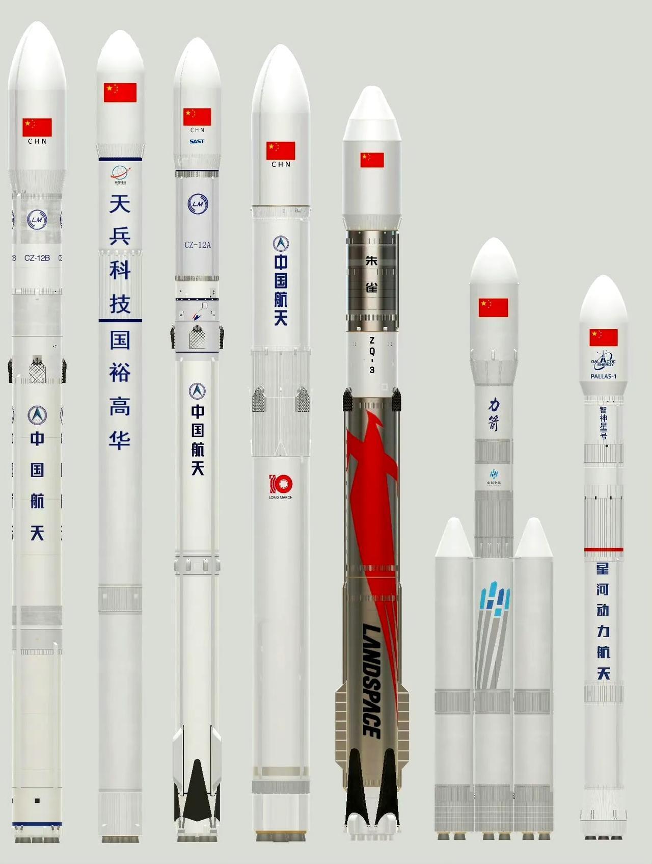 这图里全是咱家的新火箭，个头一个比一个大，颜值也没的说，最重要的是它们都是可重复