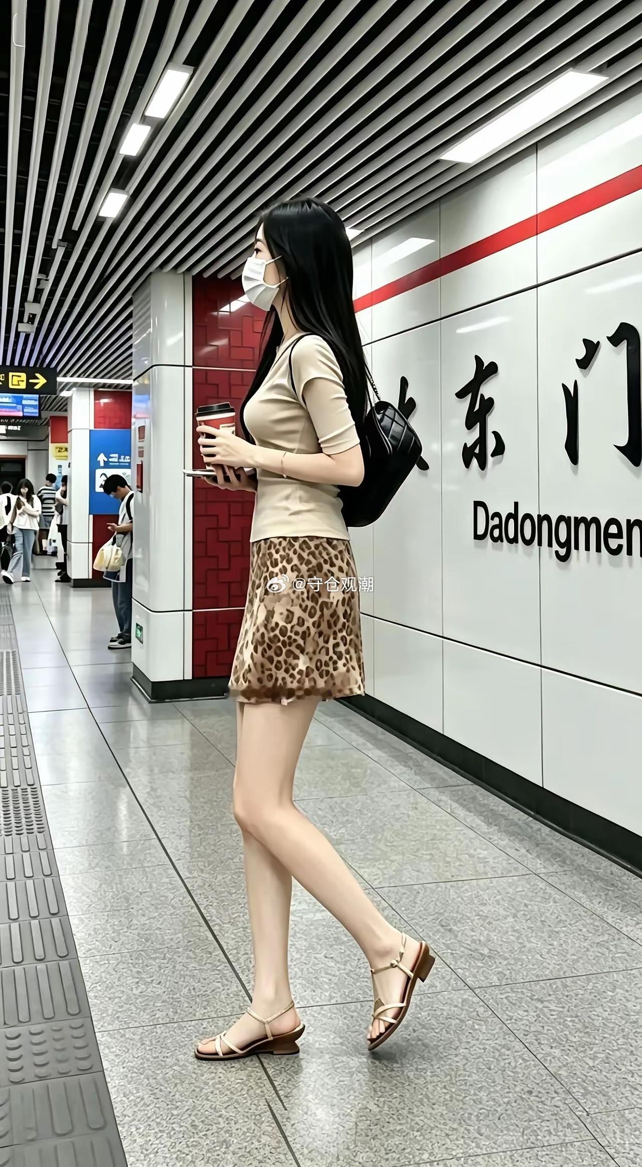 这美女在地铁站等车，好时尚！​​​