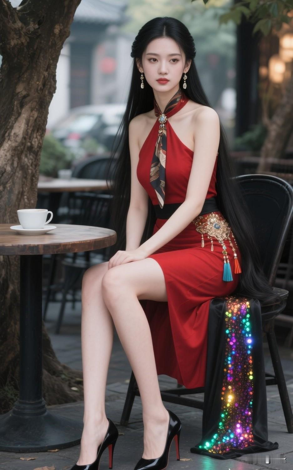 优雅红裙，咖啡时光，静享美好