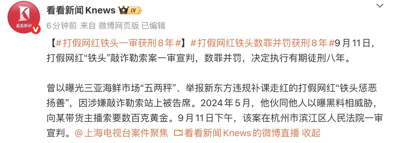 2026年9月11日，看看新闻、红星新闻消息，网络打假博主敲诈勒索案在