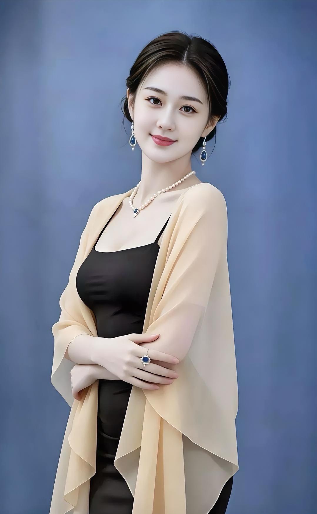 《轻纱微蓝》浅纱轻披肩头，黑裙静敛温柔。珍珠链绕颈，蓝坠微摇，双