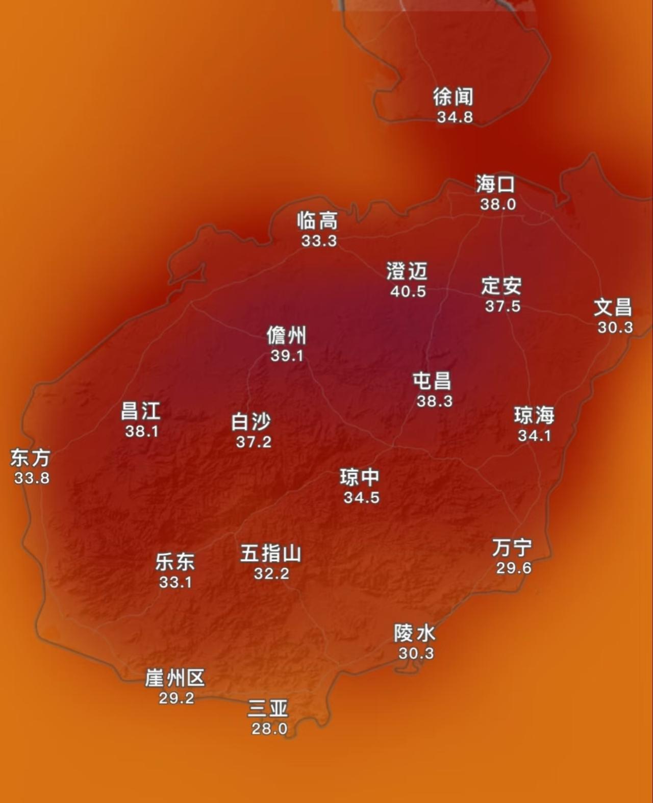 海南要连续一周40度左右了，海口也可能到这温度。副高加上前期少雨、干热风，把温度