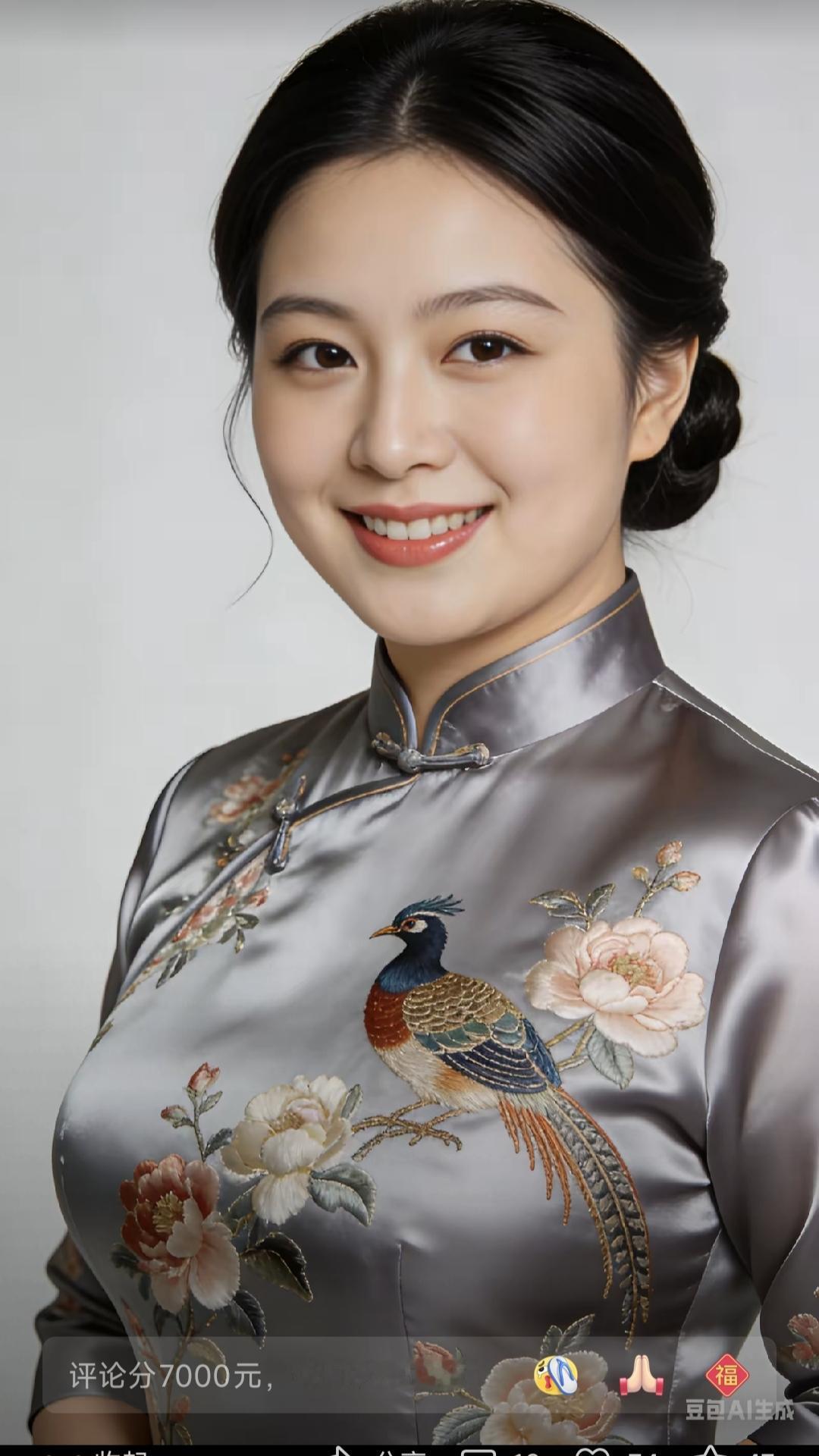 山坡羊·烟灰地旗袍锦鸡呈俏，芙蓉含笑，旗袍绘就吉祥貌。画中描，韵中飘。