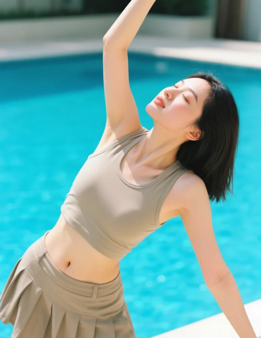 伸懒腰的亚洲美女，在泳池边尽情放松