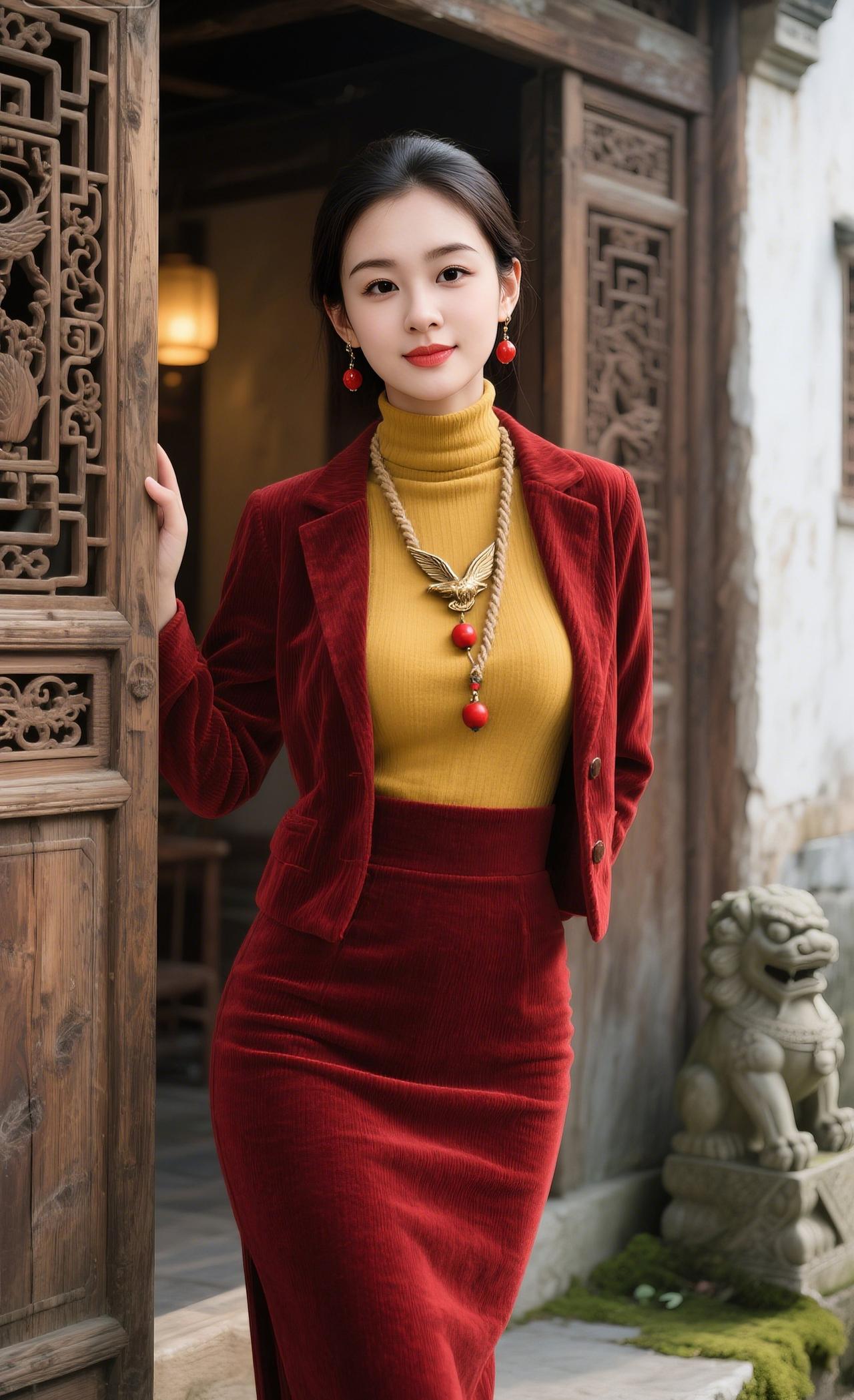 上联：绛裙朱衣，一点嫣红融古韵下联：金衫玉貌，满园春意上眉梢