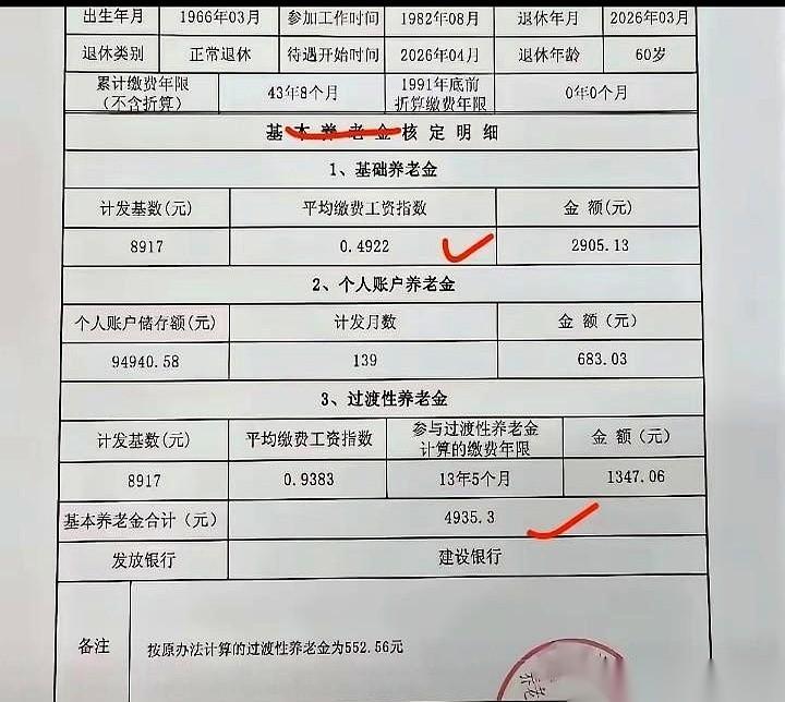 43年8个月工龄办下来退休，核算表上的养老金只有4935.3元。不到17岁就开