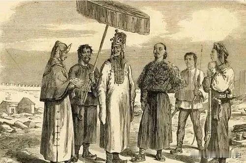 历史老照片：洪秀全的样貌这是1864年法国杂志上的一张铜版画，伞下的那个人就