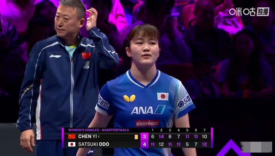 陈熠3：4不敌大藤莎月，马琳直起身直挠头。看陈熠的比赛有点心惊胆战，第一局，马