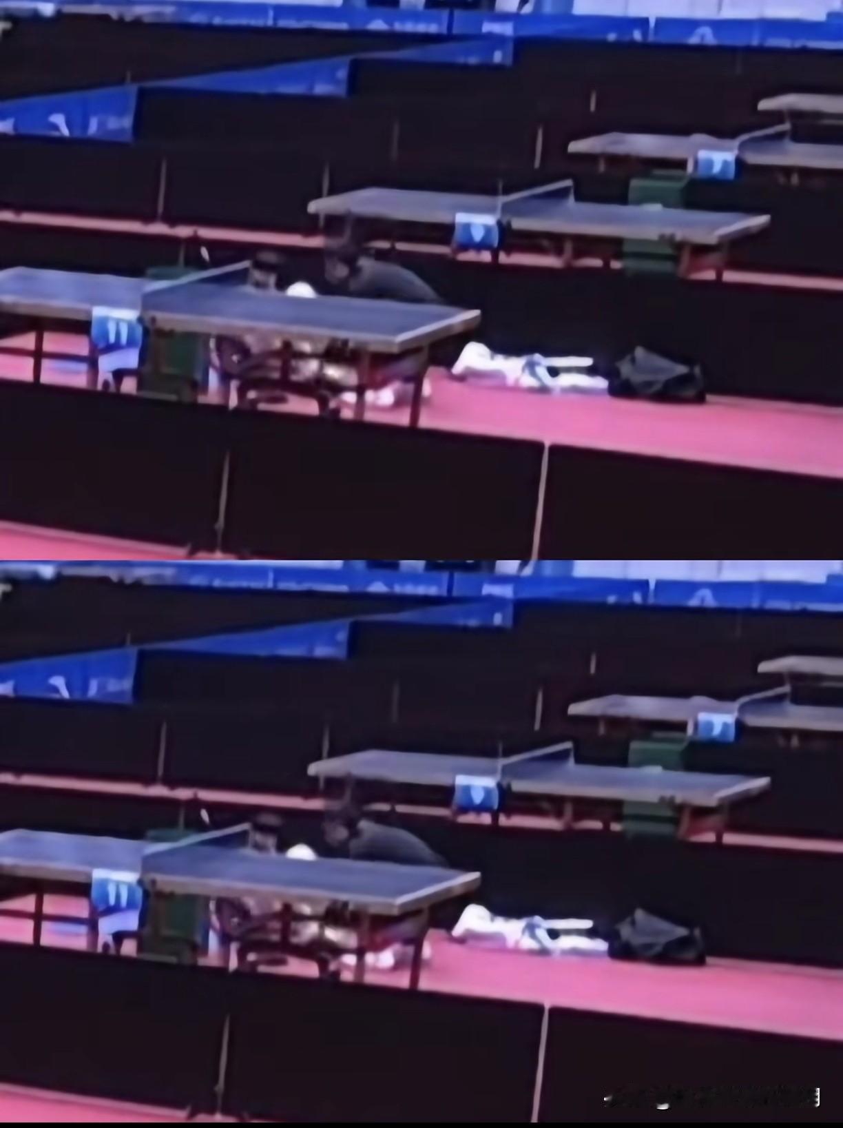 刷到这个视频绷不住了[哭哭]，打完第二局比赛的小莎，在地上铺个毛巾短暂休息一下！