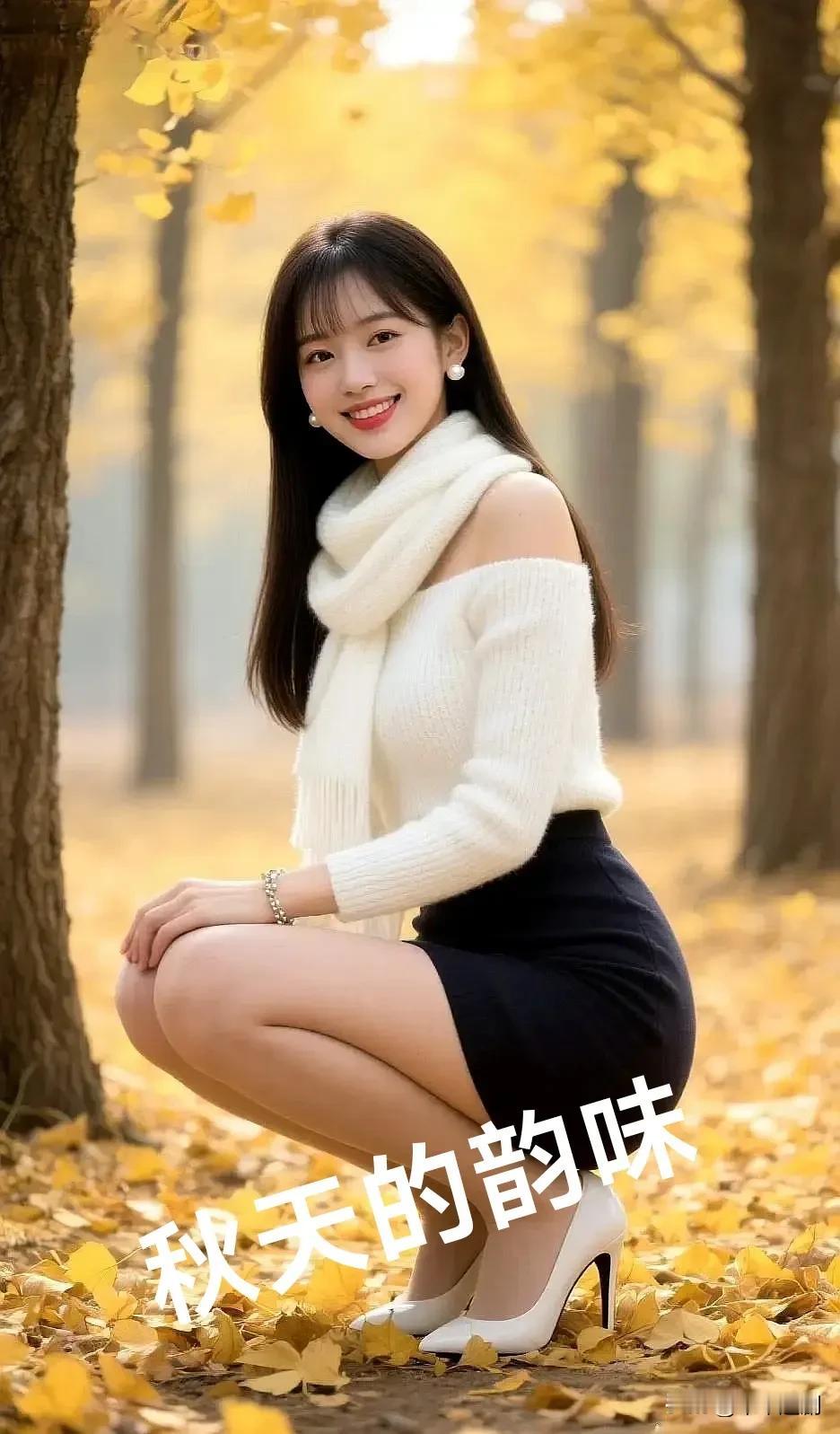 女人味的魅力在哪里?银杏铺就的金黄地毯上，白衫黑裙与温柔围巾交织，她的笑靥恰似