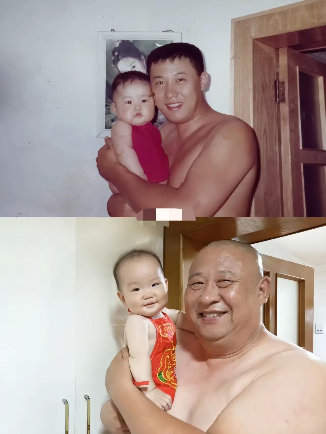 两张照片几乎就是普通人的一辈子，有网友晒照片——爸爸抱着我和爸爸抱着我女儿。