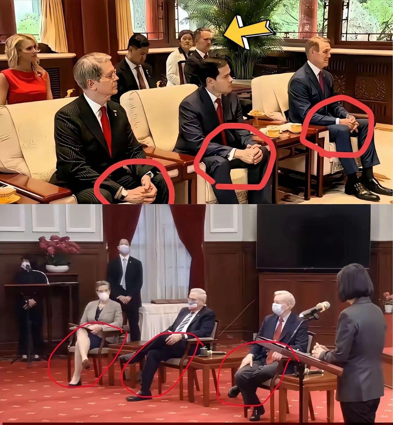 网友说现在这张照片在外网发酵，他们来到中国北京的态度，一个个戴着红领带坐得规规矩