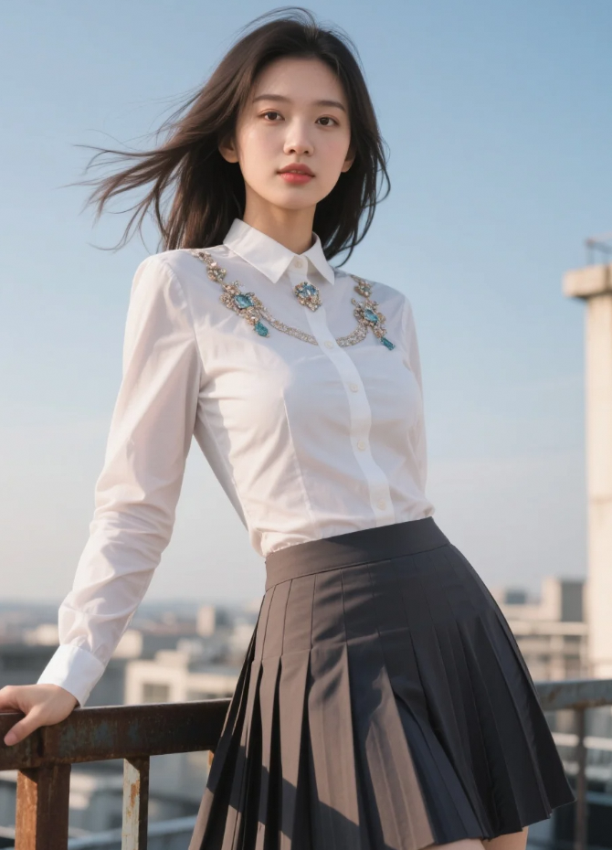 风把她的发丝织成问号，天空却用云朵写下未解的答案
