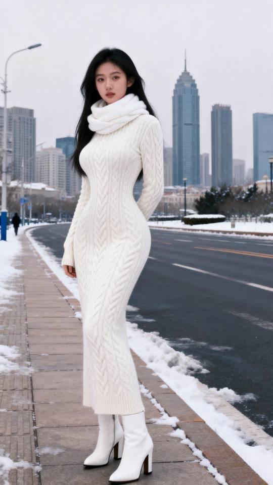 冬日雪景中的时尚穿搭，白色毛衣长裙搭配高跟靴，尽显优雅气质！毛衣裙衣服穿搭