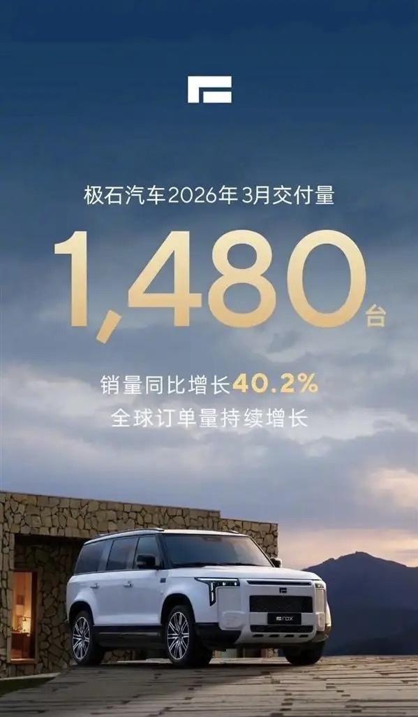 暴增四成极石及时公布销量极石汽车抢先发布2026年3月交付数据，以1480辆