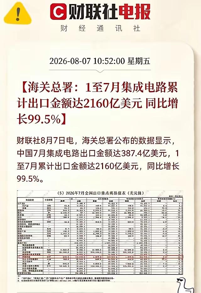 刚跟一个做芯片外贸的朋友通了电话，他声音都在抖：“海关数据出来了，前7个月芯片出