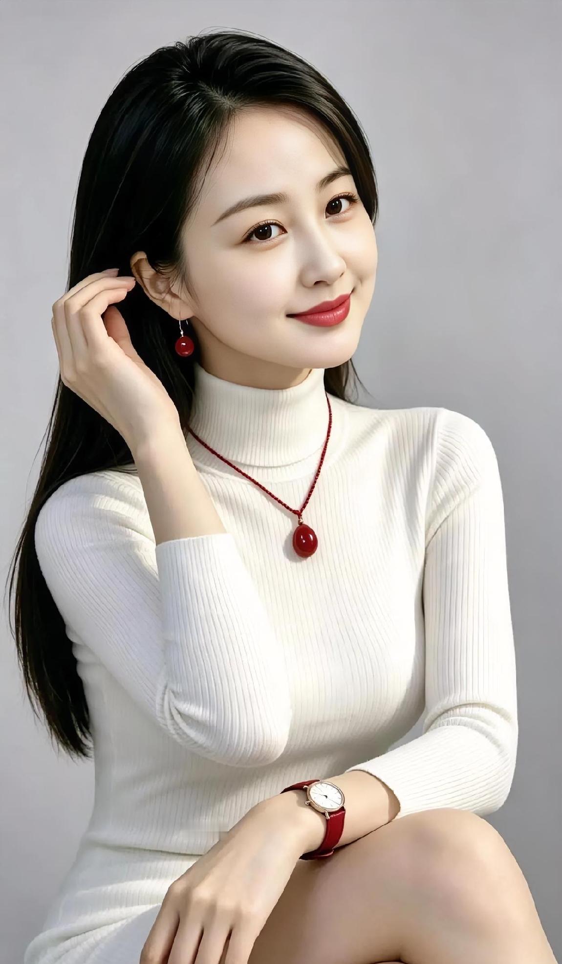 白毛衣裹着软光，红坠子在颈间轻轻晃。指尖掠过发梢，笑意刚巧温润。