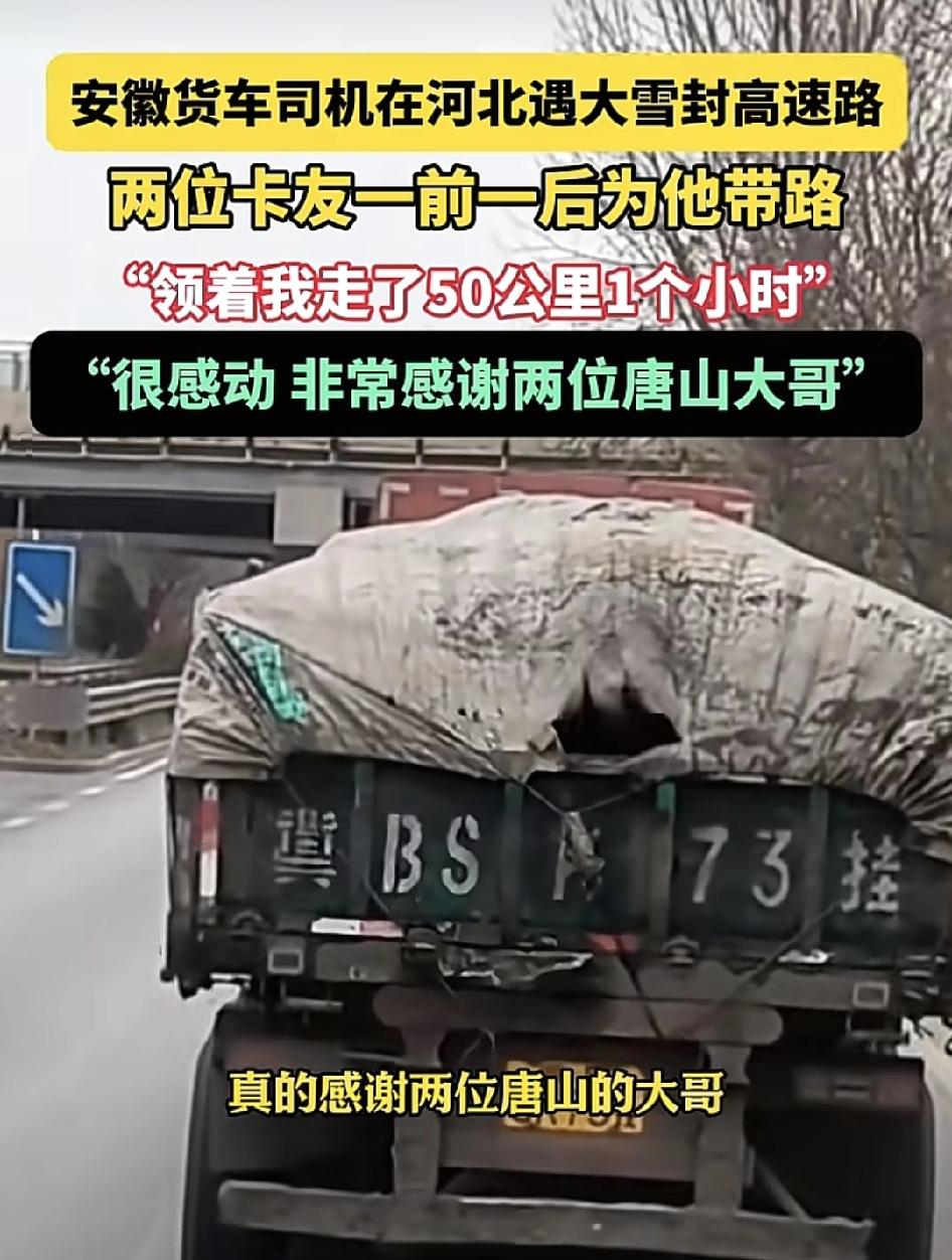 安徽一位货车司机在行驶到河北时突降大雪，上到高速发现已经封路了。想倒退时发现没路
