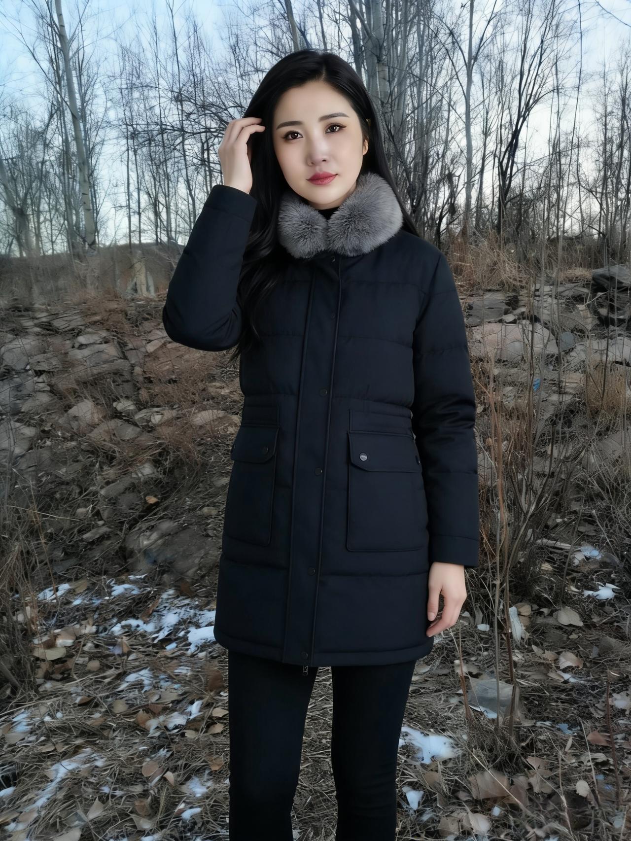 暮色横空凝紫绮，冰澌浅映残阳。貂裘围颈透清芳。风梳云鬓乱，雪点墨衣凉。～