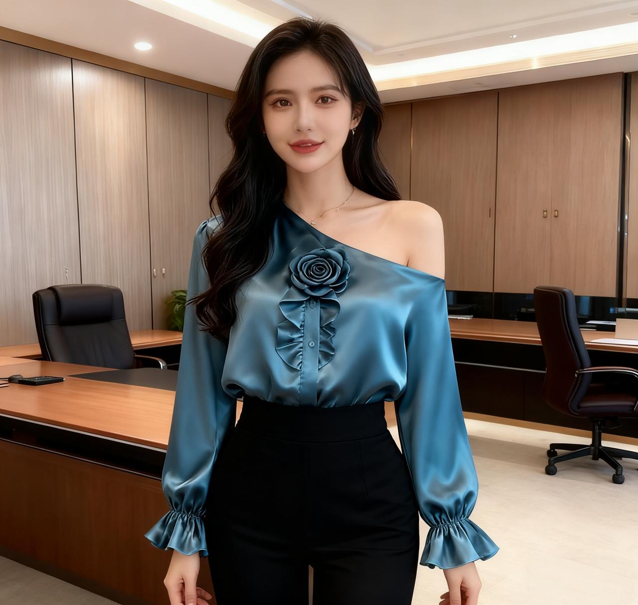 穿搭走轻熟风路线，雾霾蓝斜肩缎面上衣搭配黑色修身下装，细节设计与色彩搭配呈显精致