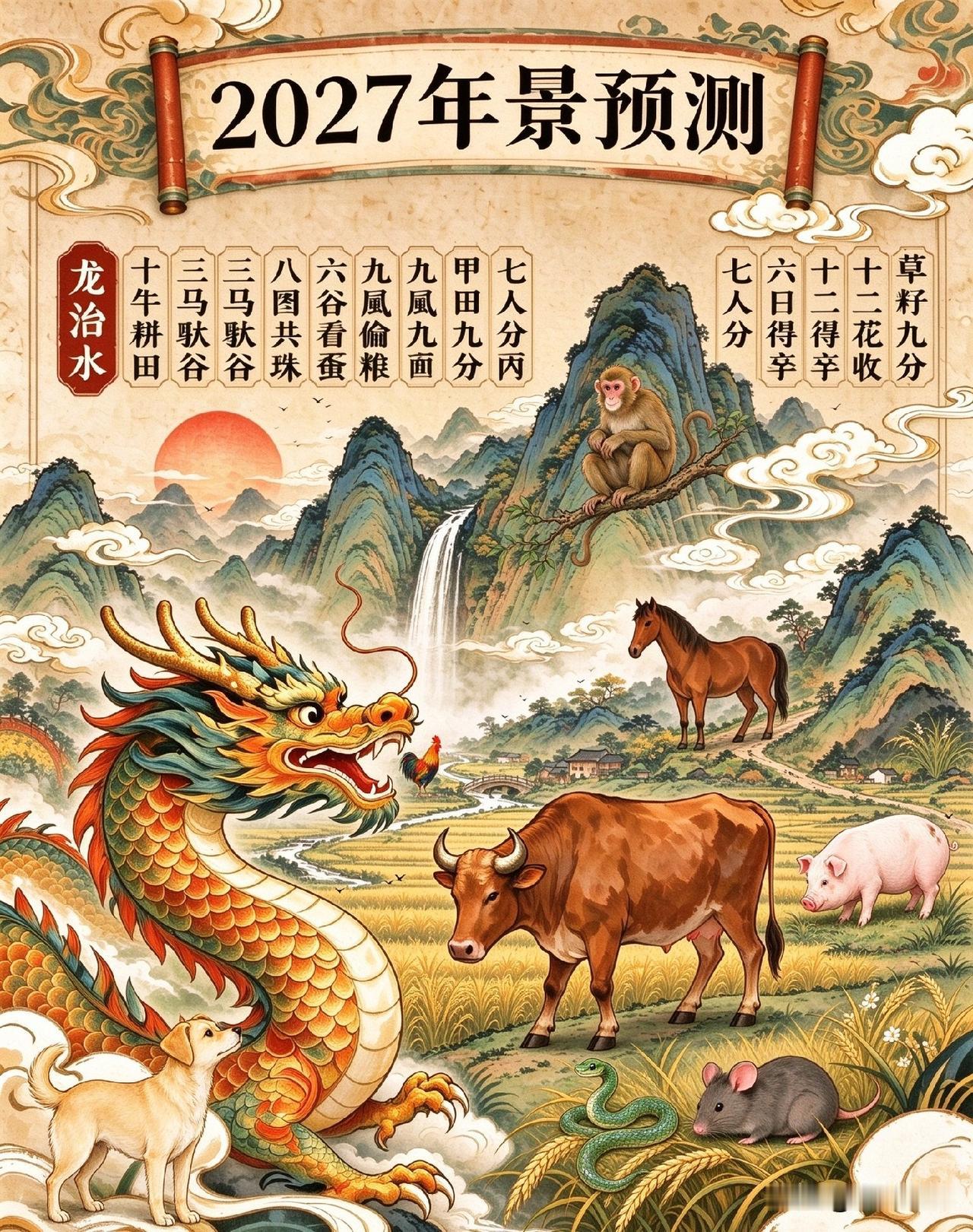 2027年的年景预判一龙治水，十牛耕田，三马驮谷，八图共珠，六谷看蚕，九鼠偷粮