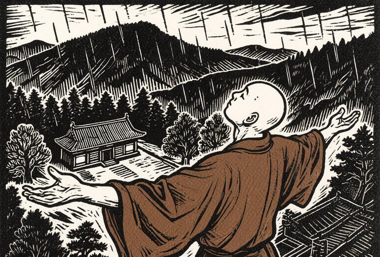 下雨了，禅师指着天空对小僧说：滴滴落在你的眼珠里！小僧霎那间觉得收到了洗礼，但