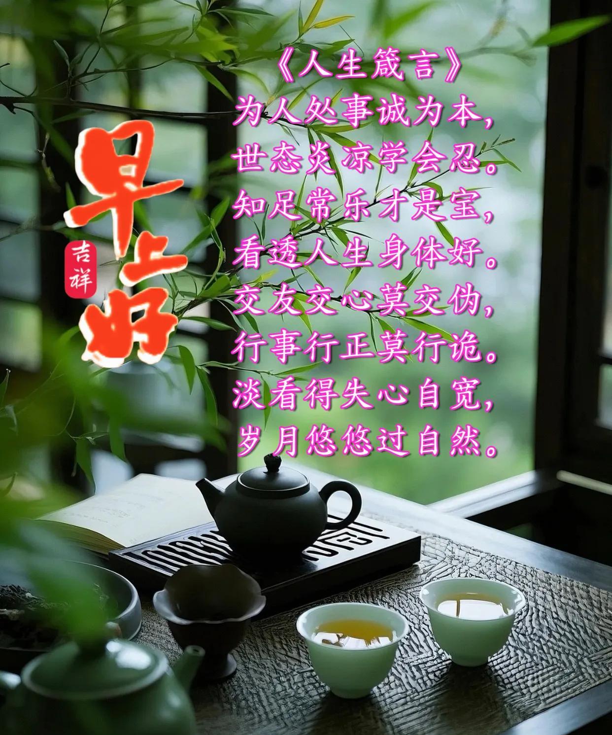 朋友：早上好！《人生箴言》为人处事诚为本，世态炎凉学会忍。知足常乐才是宝，