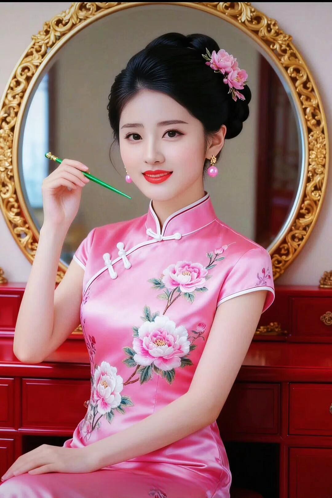 优雅旗袍少女，粉色花海中绽放！🌸💄👗