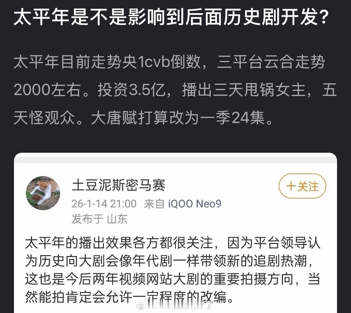 白宇、周雨彤的太平年是不是影响到后面历史剧开发了？太平年目前走势央1cvb倒数，