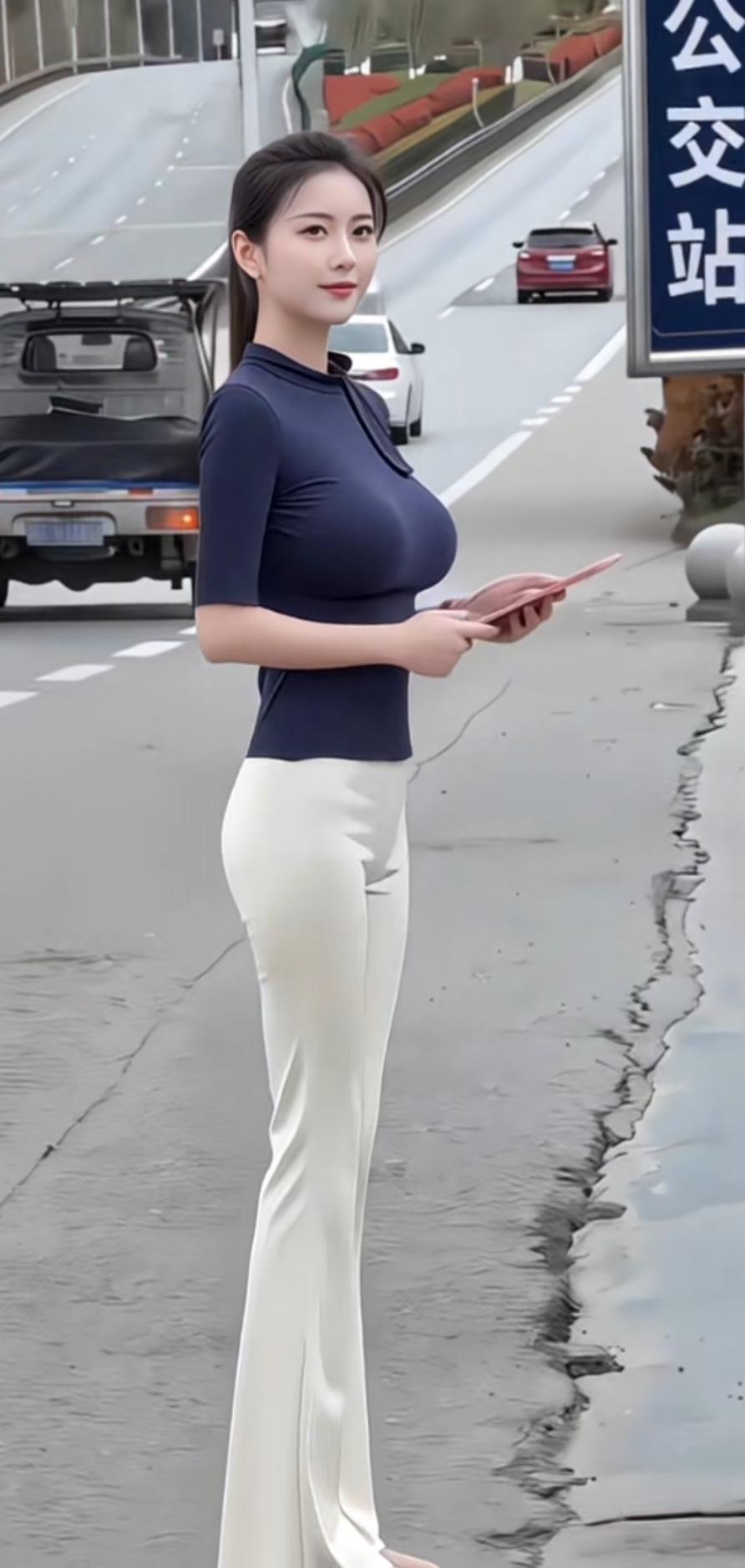 都市街拍：时尚女郎在公交车站的优雅瞬间在这座宁静小城的公交车站，时尚女郎的出现宛