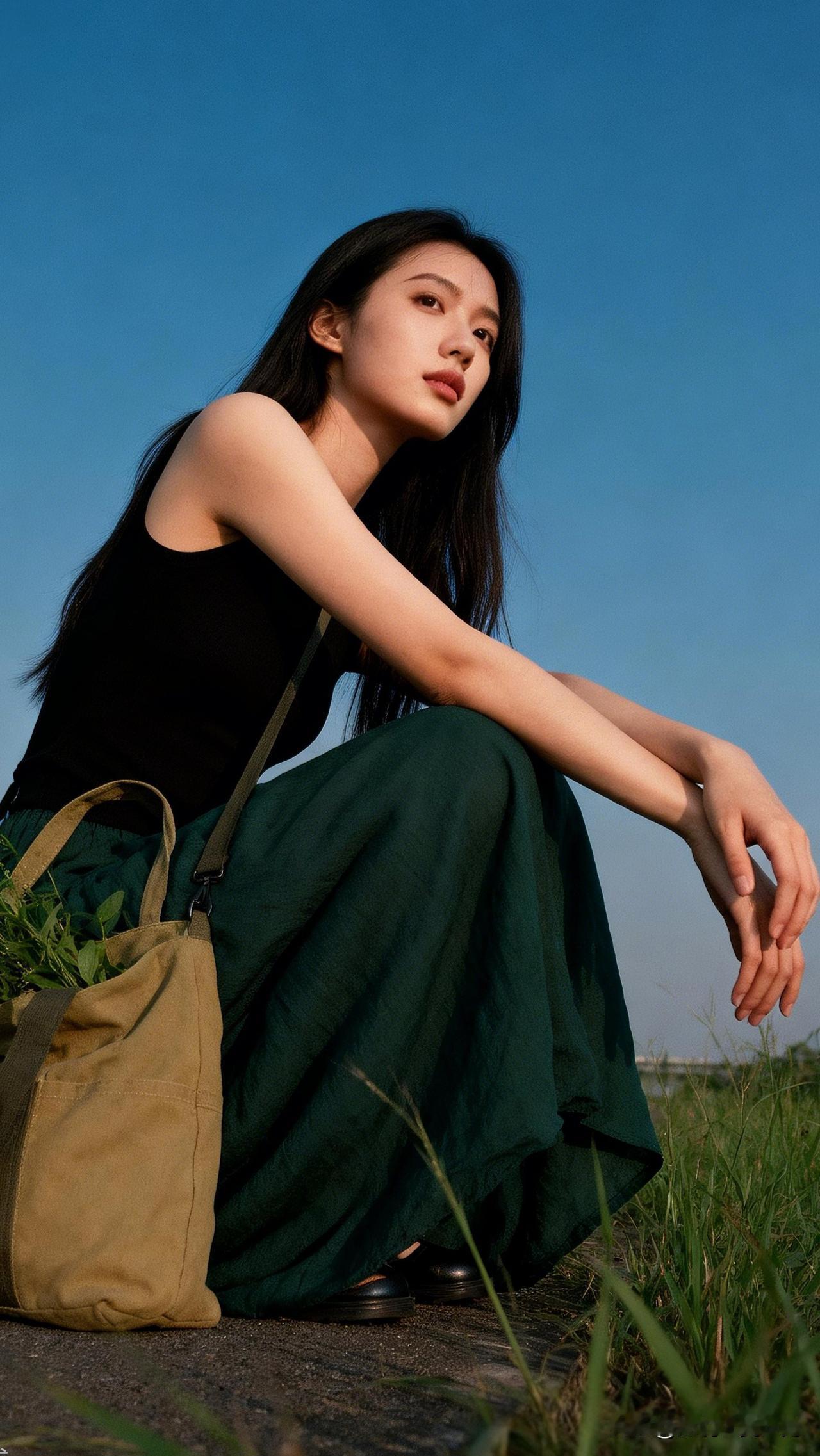 在蓝天下，静坐草地上，享受宁静时光。一个女人的外貌重要吗