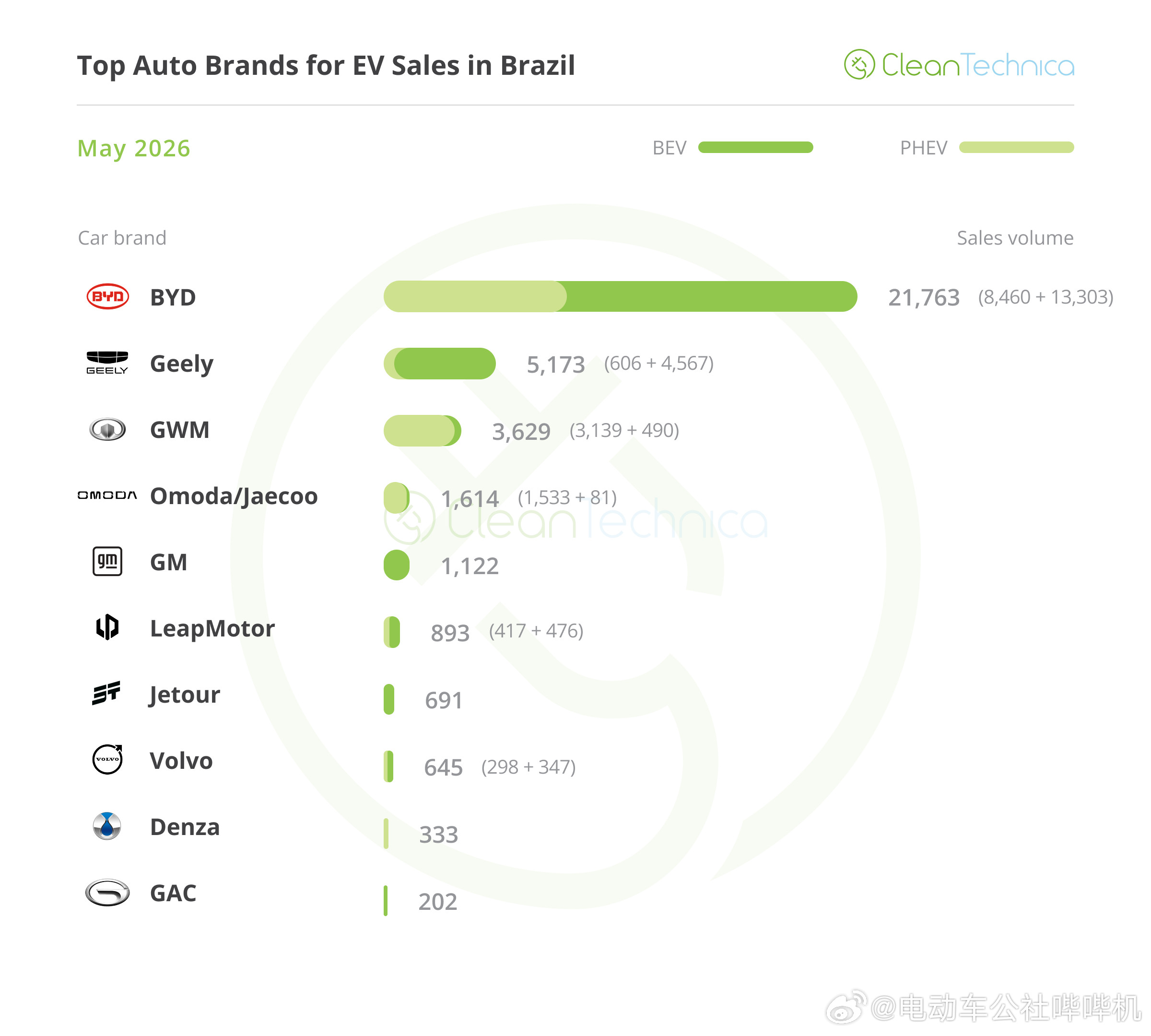 5月份巴西新能源汽车品牌销量，比亚迪以绝对领先的数据排名第一，随后是吉利和长城。
