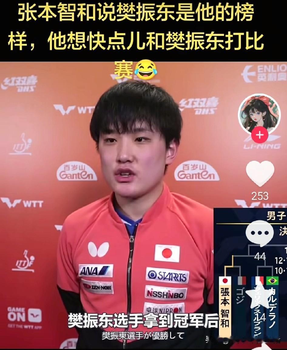 张本智和喊话樊振东要和樊振东打比赛。张本智和香港总决赛复仇小勒布伦，赢了林诗