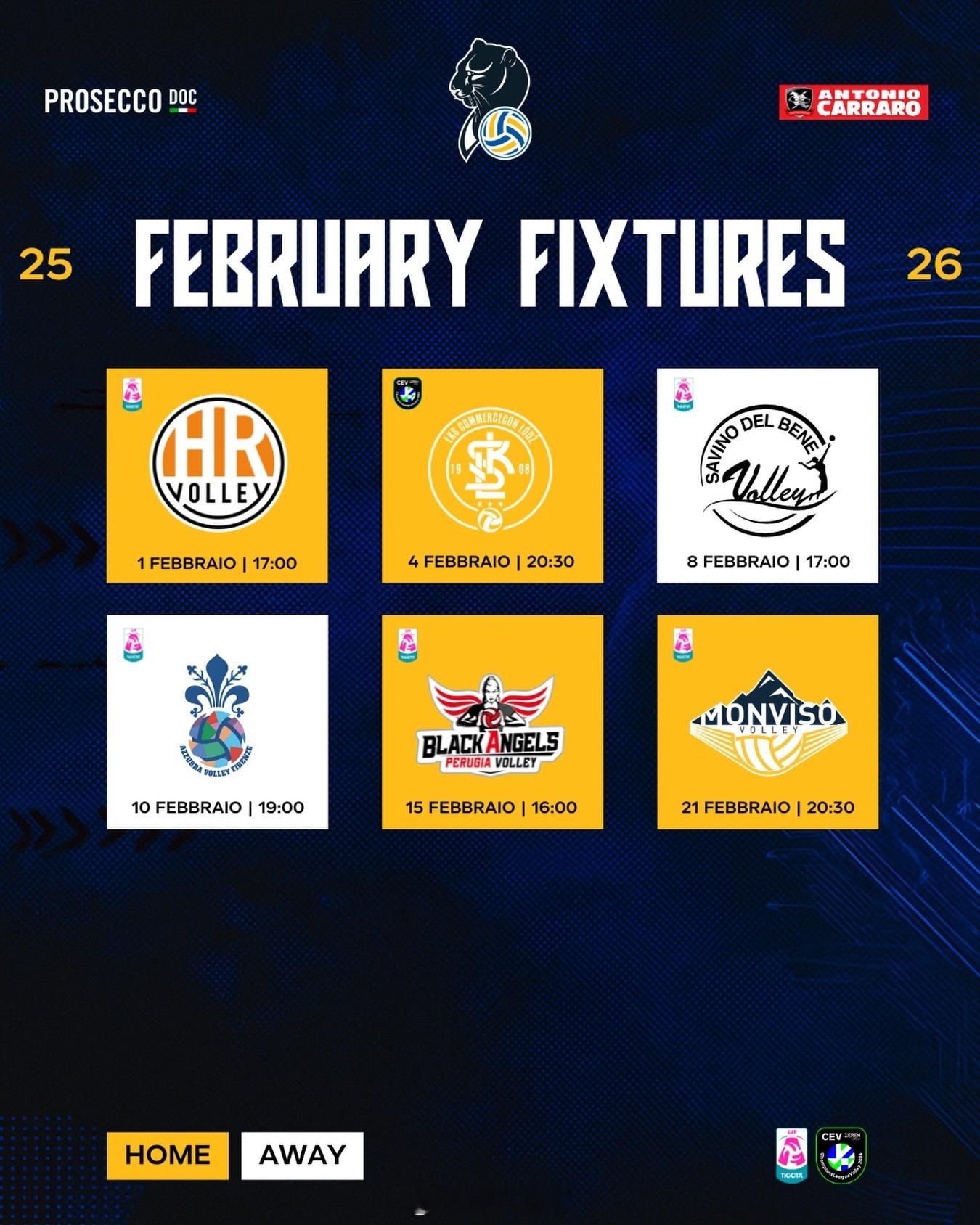 朱婷科内利亚诺女排2026年2月份比赛日历（北京时间/主队在前）：2月1日（日