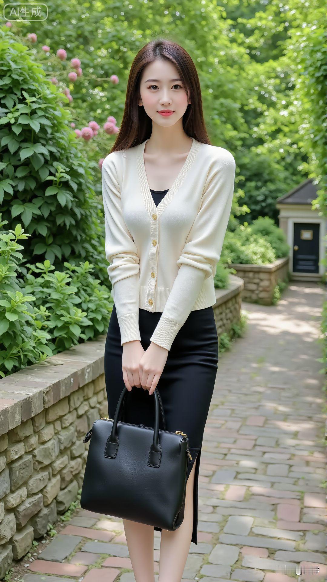 优雅气质穿搭，白色针织衫+黑色短裙，手提包点缀，清新自然背景。