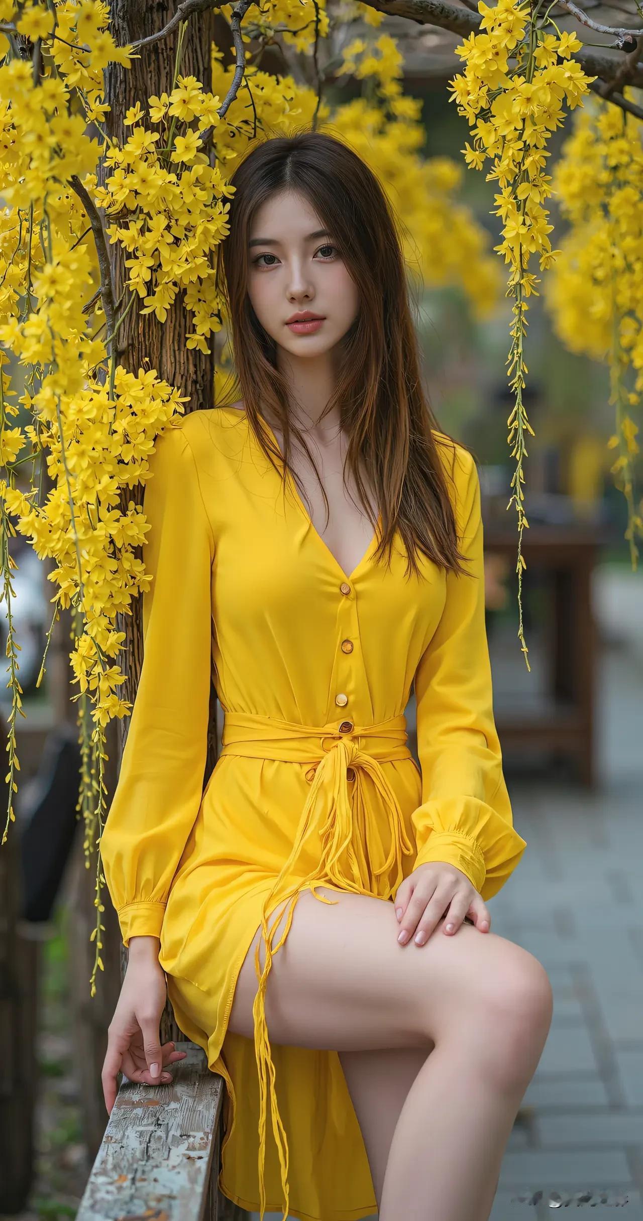 光之影春日暖阳下，黄衣少女倚树静坐，花影婆娑，美不胜收。绿裙侧颜随拍紫裙室