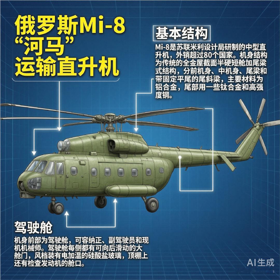 军事ai新视野俄罗斯Mi-8“河马”运输直升机Mi-8是苏联米里设计局研制的中