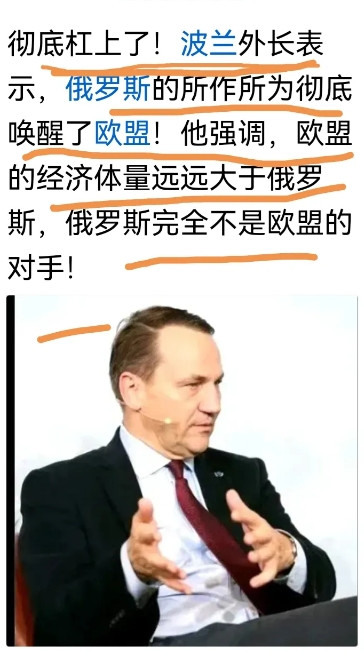 彻底杠上了！波兰外长表示，俄罗斯的所作所为彻底唤醒了欧盟！他强调，欧盟的经济体量