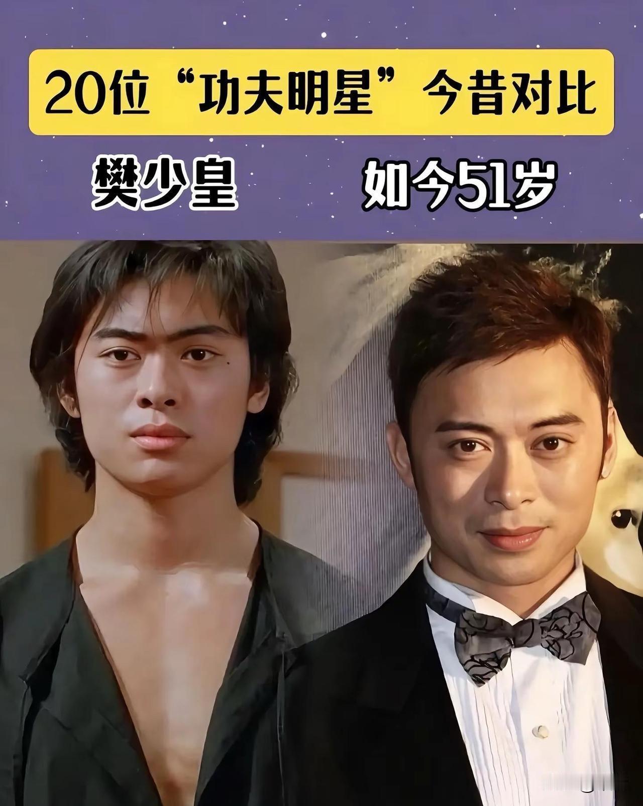 功夫明星今昔对比樊少皇是功夫明星里俺们熟悉的一个。他演过《力王》里的贺力王，