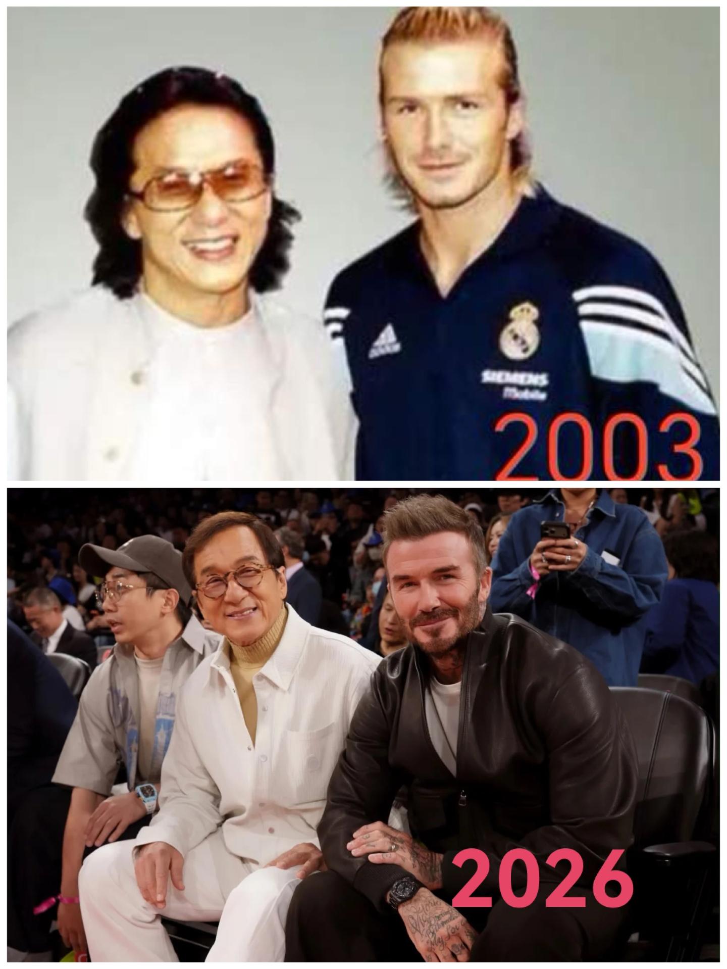 成龙大哥和贝克汉姆合影，二十多年了，两人依旧帅气😎