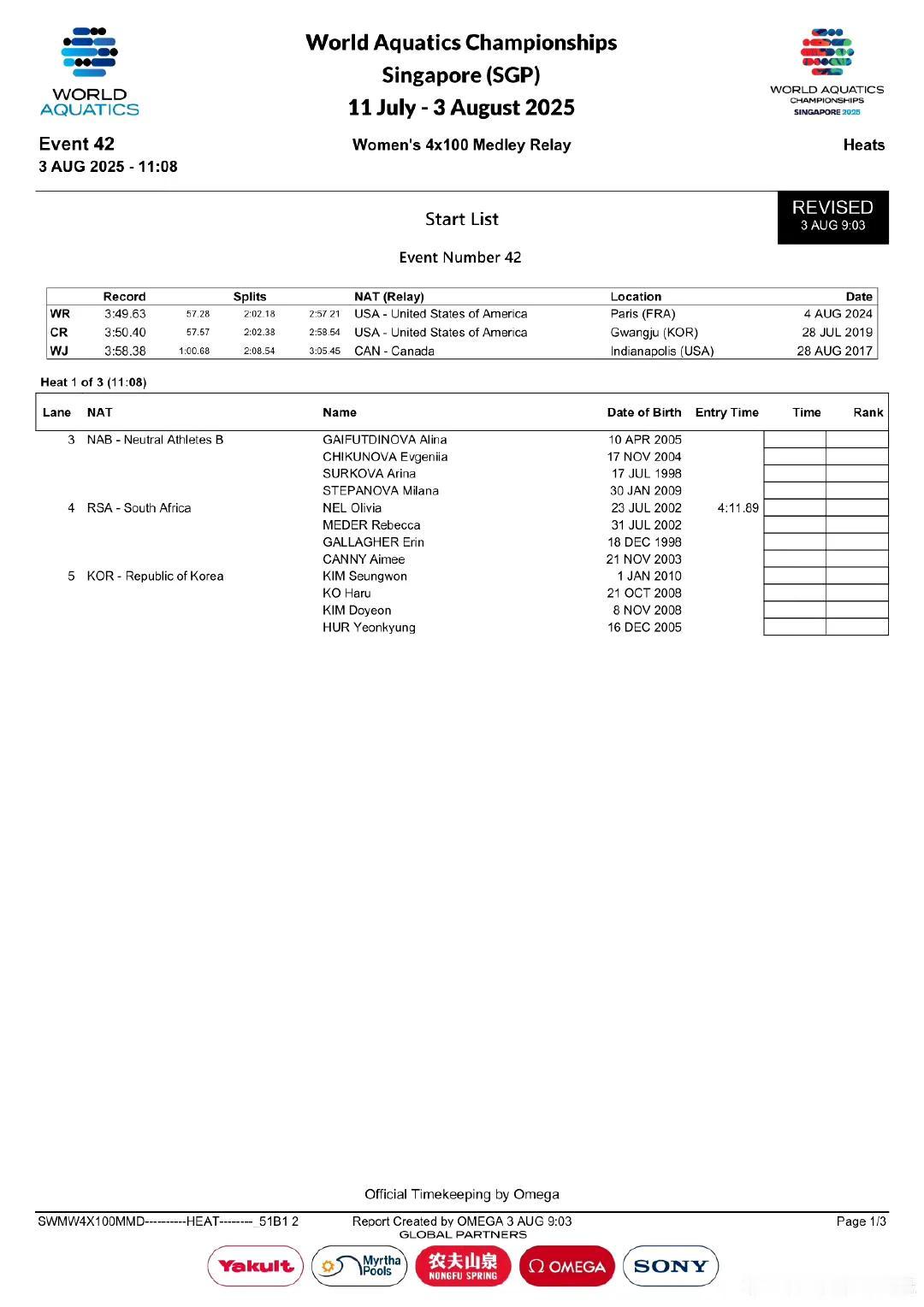 中国队🇨🇳女子4x100米混合泳接力预赛参赛名单来喽[加油]！中国🇨🇳
