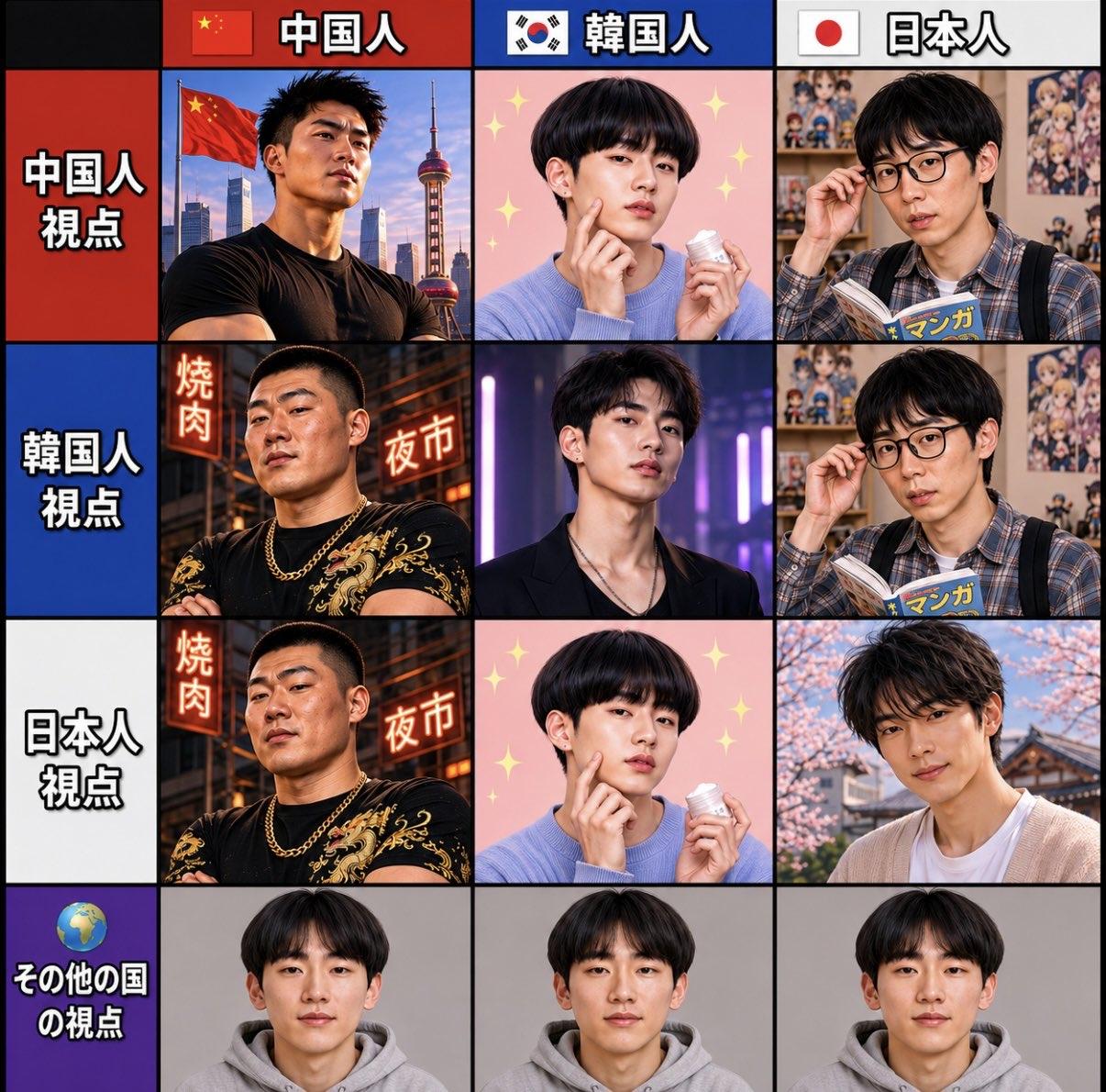 一张日本人制作的趣味对比图在X平台火了！这张图直观展示了中国人、韩国人、日本人