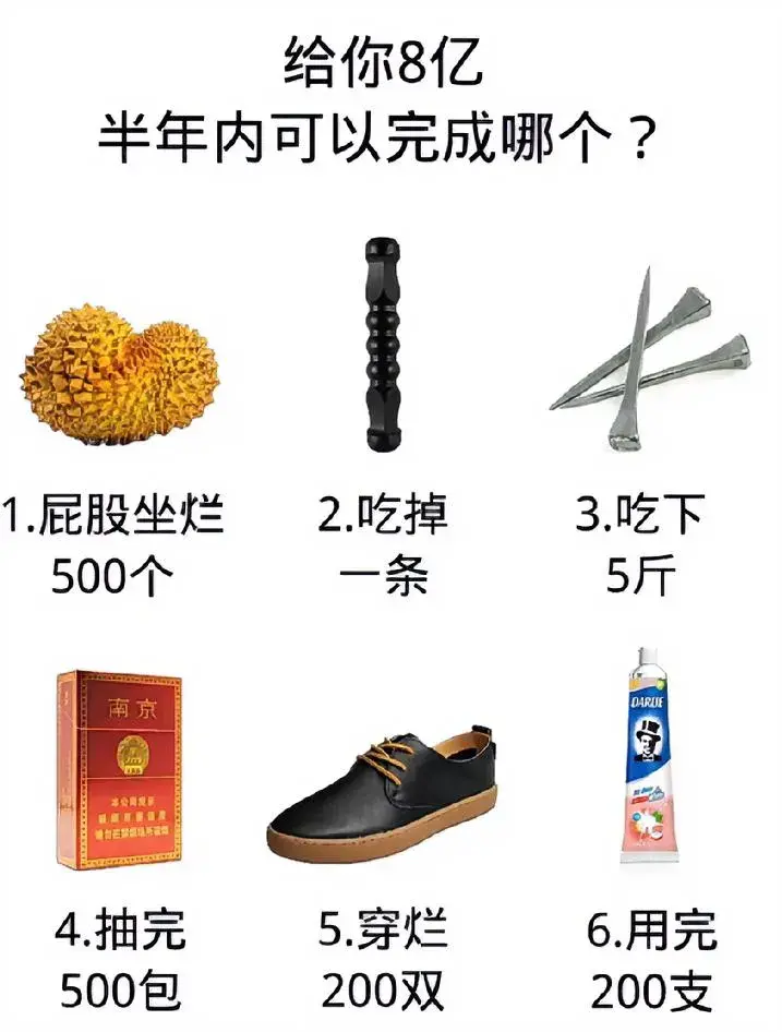 挑战8亿，半年内能完成图中六项的那一项😎