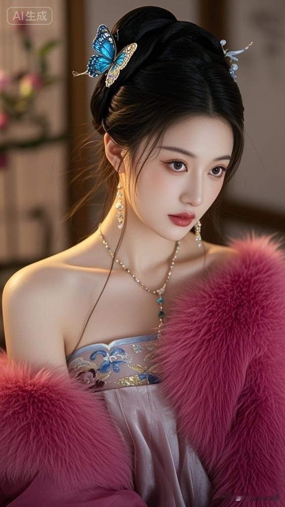 梦幻古风美人，粉绒外套与精致发饰的完美结合，尽显优雅与神秘。