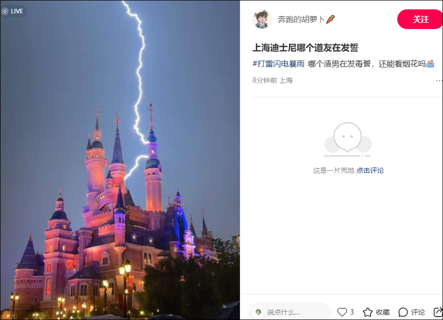“公主渡劫? ”上海暴雨雷电双黄预警, 有网友在迪士尼拍到震撼一幕