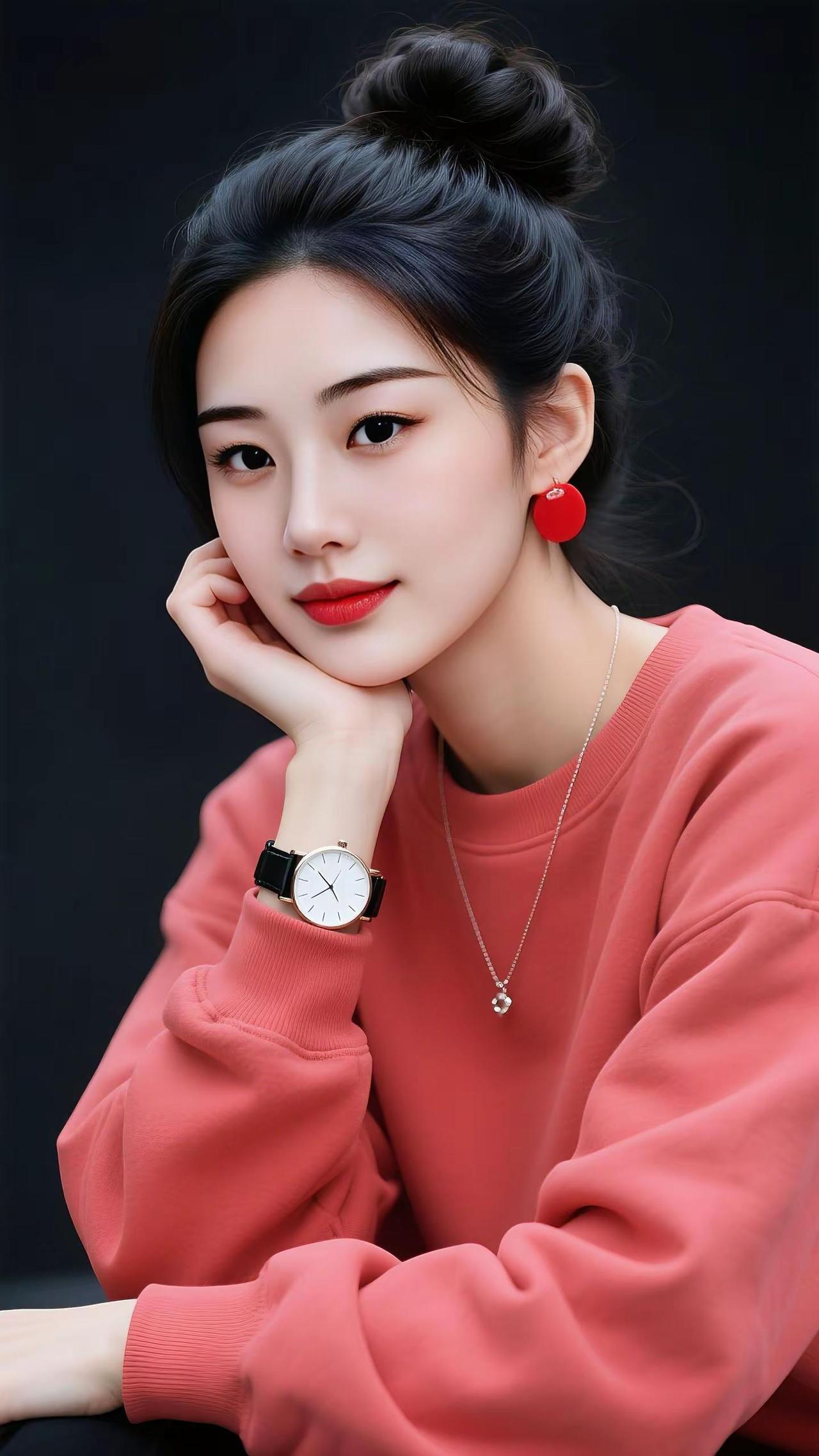 ✨高马尾丸子头+豆沙粉卫衣，一整个温柔住了💋红唇一抹，是氧气美女没错啦韩系穿搭